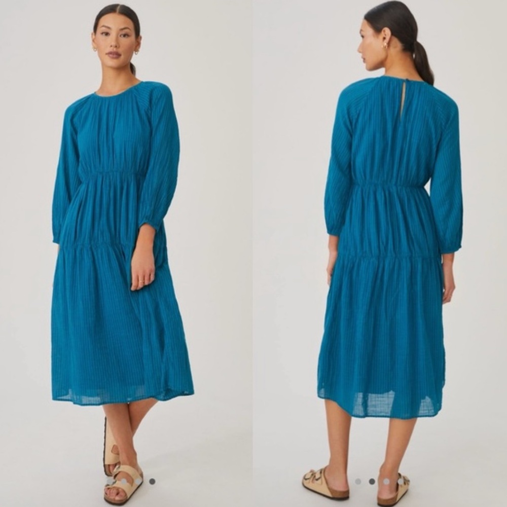 Anthropologie Sundry | Women’s Teal Two Tone Striped Tiered Midi Dress Size 0‎